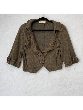 Pretty Angel Cardigan Sweater Womens Large Brown Collared 3/4 Sleeve Waffle Knit
